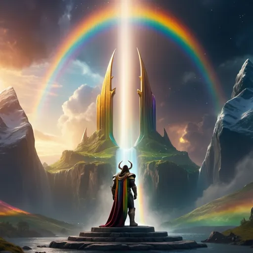 Prompt: (Heimdall guarding Bifrost), mythical scene, shimmering rainbow bridge, epic composition, heroic and solemn mood, high-fantasy atmosphere, cinematic lighting, glowing effects, vivid and radiant colors, dark sky background with twinkling stars, majestic Asgard architecture in the distance, (highly detailed), (4K resolution), ultra-realistic, fantasy art