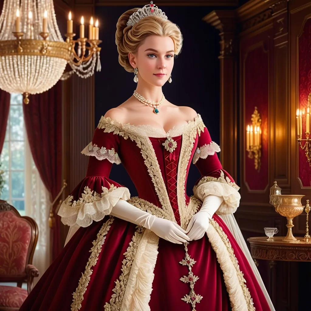 Prompt: (elegant 16th century English woman), historically accurate gown, adorned with intricate lace, lavish sparkling jewelry, historically accurate hairstyle, (soft warm lighting), standing in a beautifully designed parlor, rich color tones, opulent decor, (highly detailed textures), saturated hues, atmospheric elegance, inviting ambiance, (4K ultra-detailed)