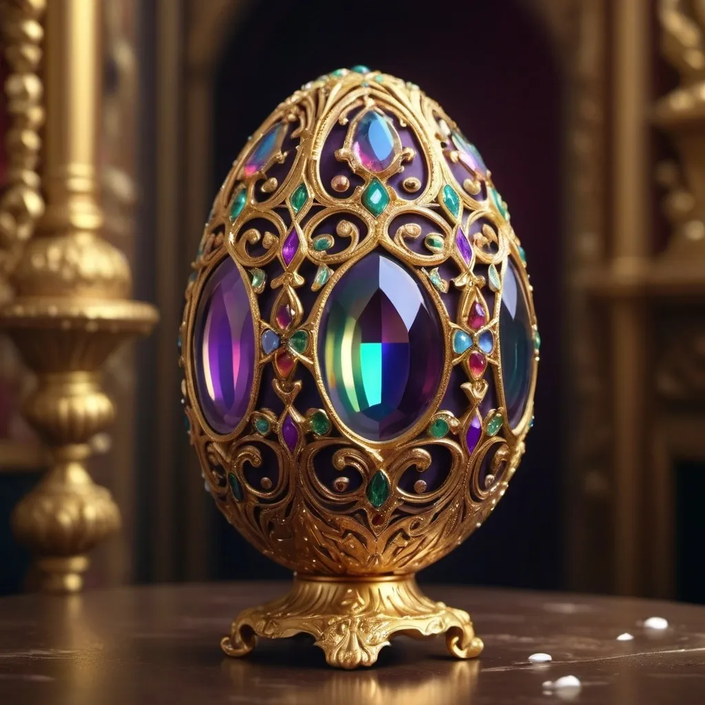 Prompt: (bejeweled egg), intricately detailed, shimmering gemstones, golden filigree, highly ornate design, soft warm lighting, enchanting and luxurious atmosphere, radiant color tones, finely crafted textures, elegant and majestic, luxurious, captivating focus, ultra-detailed, 4K quality, high depth, cinematic masterpiece.