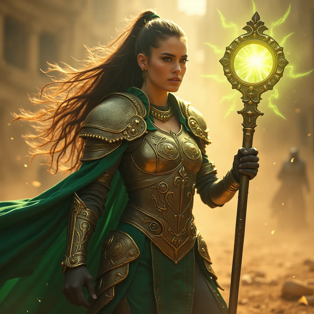 Prompt: Healing warrior priestess in battle, fierce and determined expression, wearing intricately designed armor adorned with sacred symbols, holding a glowing staff radiating healing energy. Surroundings portray a chaotic battlefield filled with swirling dust and faint mystical energies. Warm golden and deep green colors dominate the scene, creating a strong atmosphere of resilience. Ultra-detailed, cinematic lighting emphasizes her divine aura while maintaining a sense of urgency and hope, high quality 4K.