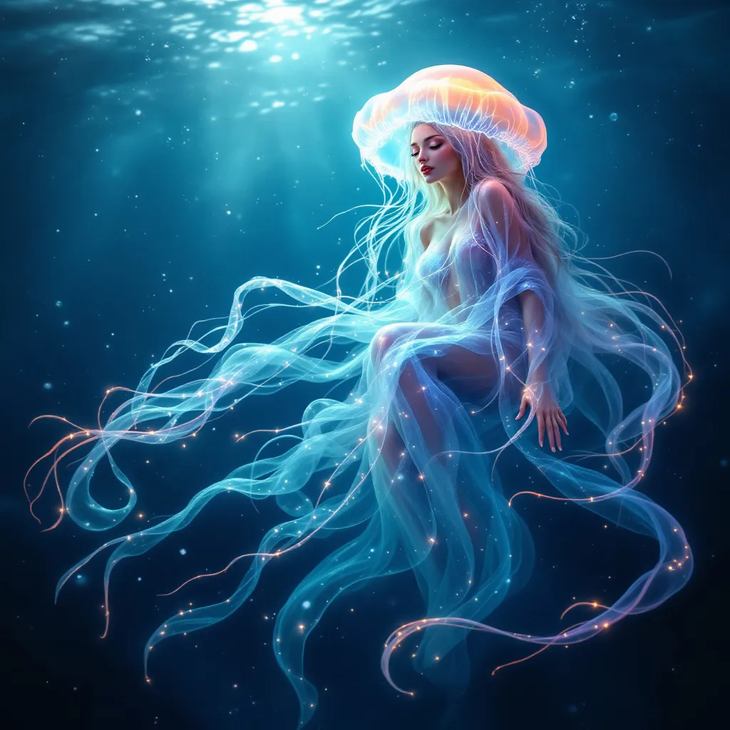Prompt: ethereal jellyfish goddess floating in the ocean, translucent flowing robes, bioluminescent hues, graceful pose, serenely glowing tendrils, mystical oceanic background, shimmering light, dreamy atmosphere, calm and otherworldly, soft pastel colors blending with deep oceanic tones, ultra-detailed, high quality, captivating and enchanting vibe, moonlit ambiance