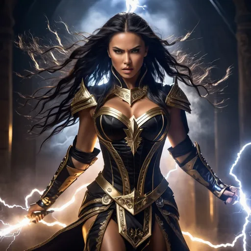 Prompt: Full body detailed action portrait of a lightening queen, detailed face, UHD, intense atmosphere, flowing black hair, fierce expression, electric , dynamic pose, powerful energy, high quality, detailed portrait, fantasy, lightening, intense gaze, royal attire, fierce warrior, dramatic lighting