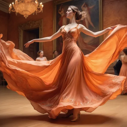 Prompt: Women dancing in dresses matching Flaming June, high-quality, elegant ballroom scene, warm and vibrant colors, detailed fabric textures, classical art style, graceful movements, soft and warm lighting, oil painting, art nouveau, long flowing dresses, intricate patterns, 4k, ultra-detailed, elegant, classical, vibrant colors, dancing, detailed fabrics, warm lighting