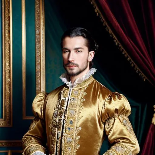Prompt: Elizabethan-style oil painting of a distinguished man, rich textures and intricate details, opulent and luxurious attire, impeccable posture and confident expression, dramatic lighting and deep shadows, aristocratic setting with ornate furniture and lavish draperies, masterfully crafted, realistic portrayal, regal atmosphere, high quality, oil painting, fashion model, opulent attire, dramatic lighting, aristocratic setting, regal atmosphere, rich textures