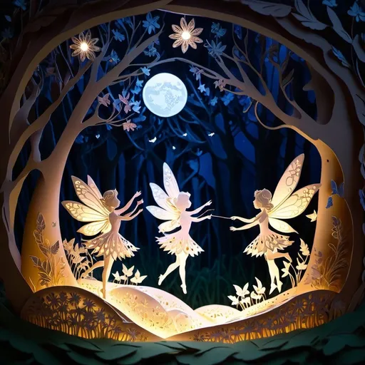 Prompt: (dancing fairies), (whimsical atmosphere), magical glimmers, soft glowing lights, (enchanted forest), vibrant colors, delicate wings fluttering, ethereal vibe, graceful poses, surrounded by flowers and sparkling dust, enchanting moonlight filtering through trees, dreamy ambiance, high detail, 4K, captivating and joyful scene, vivid portrayal of whimsy and fantasy.