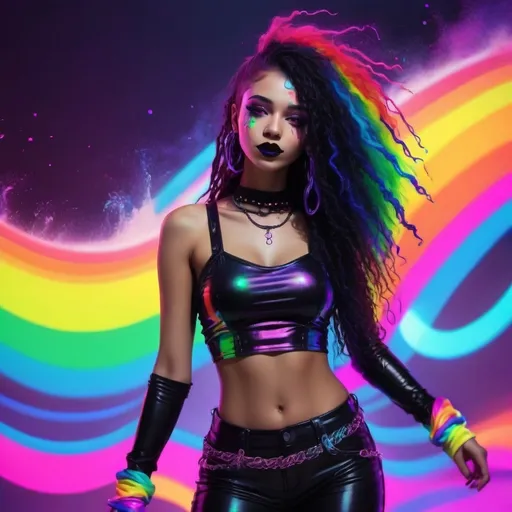 Prompt: (rainbow), (mixed race goth girl), dancing joyfully, vibrant colors splashing around, neon lights illuminating the scene, pulsating music waves, eclectic and energetic atmosphere, unique goth attire with colorful accents, funky accessories glimmering, vibrant background with people wavy silhouettes, (4K), high-quality, ultra-detailed night rave vibes.