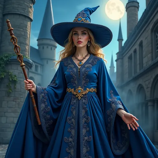 Prompt: Ravenclaw witch, (elegant attire), (flowing robes in blue and silver), holding a wand, (intricate details), (sophisticated and wise expression), ornate background featuring castle towers and the night sky, (mystical ambiance), (enchanting atmosphere), (whimsical elements), (4K), ultra-detailed…