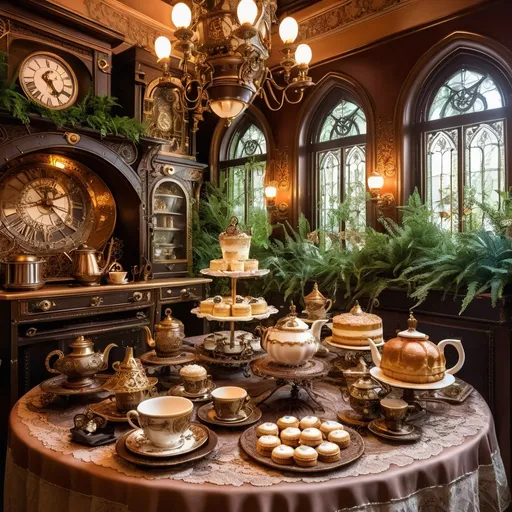 Prompt: (fantastical steampunk tea party), elaborate steampunk clothing, Victorian-style tea set, delicate pastries, cookies and cakes, intricate machinery adorned with gears, warm ambient lighting, inviting atmosphere, rich earth tones, surrounded by gothic architecture, vintage tablecloths, lush greenery, whimsical decorations, ultra-detailed, high-quality illustration, captivating and imaginative.