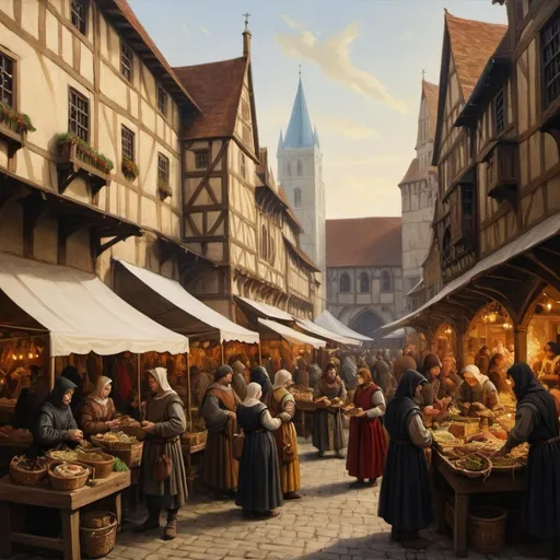 Prompt: Chaucer-influenced painting of a bustling marketplace, oil painting, medieval attire, vendors selling wares, rich color palette, intricate details, storytelling composition, warm and natural lighting, high quality