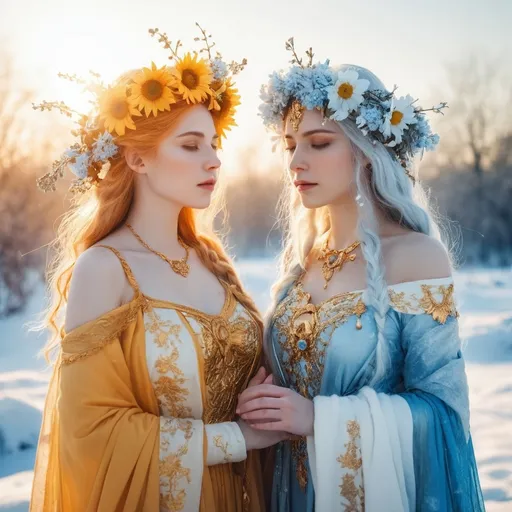 Prompt: (Goddess of Summer), (Goddess of Winter), meeting at the solstice, duality of seasons, vivid sun, warm golden tones, cool icy blues, ethereal landscape with melting snow and blooming flowers, contrasting emotional expressions, passionate warmth vs serene calm, detailed costumes representing both seasons, high-quality and ultra-detailed, cinematic atmosphere, enchanting and magical vibe.