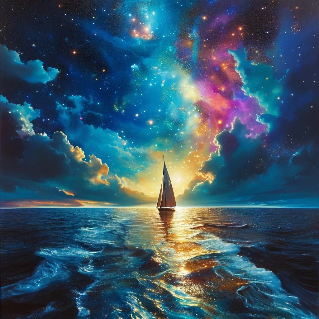 Prompt: (sailing on the sea of time and space), (cosmic colors), surreal night sky, luminous stars, illuminating pathways through the universe, dreamlike atmosphere, tranquil yet adventurous vibe, (highly detailed), depth of field, enchanting reflections of galaxies on water, (hyper-realistic)