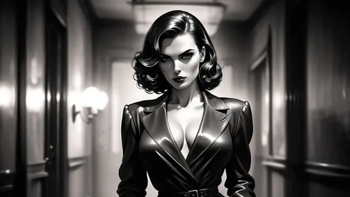 Prompt: Femme fatale detective, full body pose,
 Intense gaze, vintage noir style, high quality, intense, mysterious, classic beauty, glamorous, alluring, captivating eyes