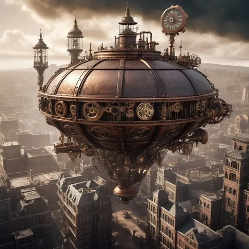 Prompt: Airship soaring above a clockwork city, steampunk aesthetic, intricate gears and cogs, brass and copper materials, industrial Victorian style, detailed metalwork, smoky atmosphere, towering skyscrapers, epic aerial view, highres, steampunk, detailed gears, atmospheric lighting, Victorian style, industrial materials, smoky atmosphere, epic aerial view