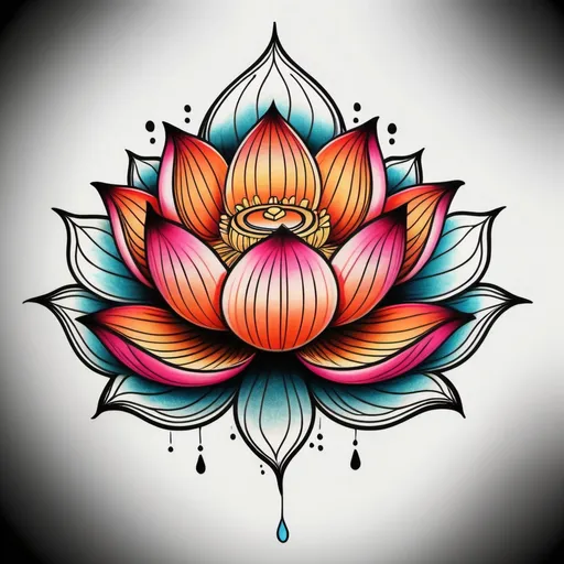 Prompt: (vibrant) lotus flower tattoo flash for back, intricate details, captivating blooms, black ink outlines, textures of petals, hatching, skilled artistry, (distinctive design), bold colors, timeless elegance, minimalist layout, dynamic composition, ideal for tattoo enthusiasts, HD quality, unique aesthetic, showcasing creativity and passion for body art.