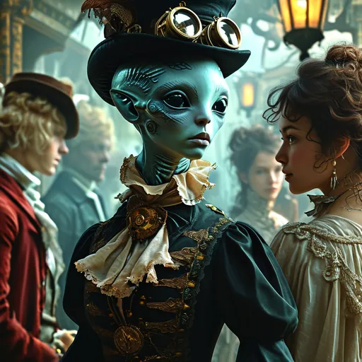 Prompt: (Victorian alien encounter), (steampunk aesthetics), intricate details, richly dressed characters in 19th-century attire, ethereal alien presence, glowing elements, juxtaposition of old and futuristic, lush details, high definition, captivating scene of mystery and intrigue.