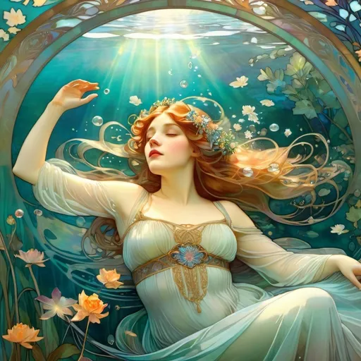 Prompt: Ophelia floating underwater, ( ethereal and serene), sorrowful expression, surrounded by vibrant aquatic flora, soft beams of light filtering down from above, evoking a sense of tranquility and dreamlike beauty, flowing hair and gauzy fabric swirling gracefully in the water, (highly detailed and ultra-realistic)