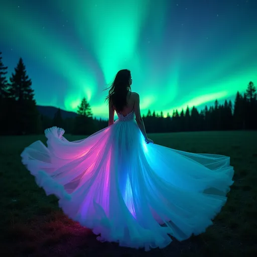 Prompt: (Aurora borealis dress), flowing gown inspired by breathtaking northern lights, with vibrant colors of green, blue, and purple blending beautifully, ethereal fabric flowing as if by wind, stunning forest backdrop under a night sky awash with the aurora's glow, enchanting atmosphere, dreamlike quality, HD, ultra-detailed, cinematic depth.