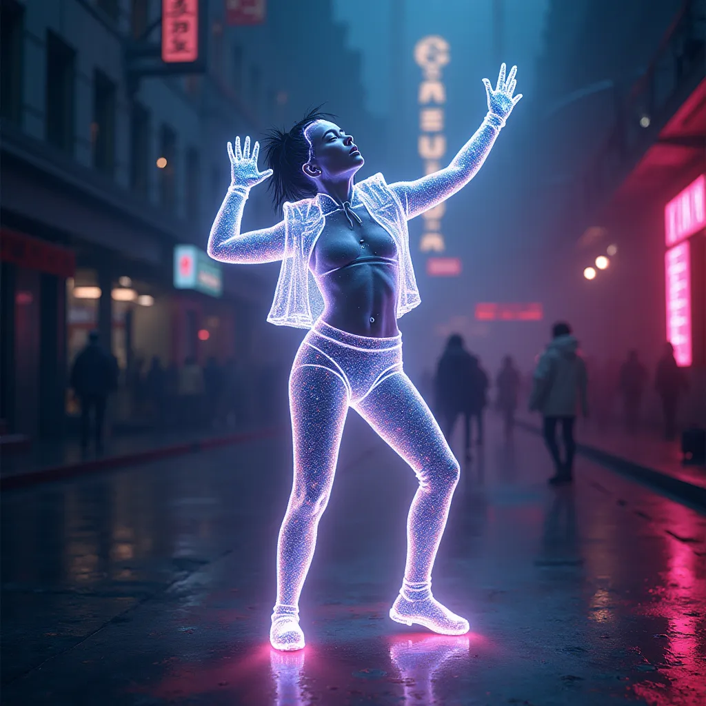 Prompt: (Dancing hologram), action pose, cyberpunk aesthetic, (neon lights) enveloping the scene, soft holographic colors, fragmented image reflections, moody atmosphere, intricate details, modern technology themes, futuristic background, high contrast lighting, (ultra-detailed), evocative, engaging, artistic composition, 4K quality, captivating and immersive visual storytelling.