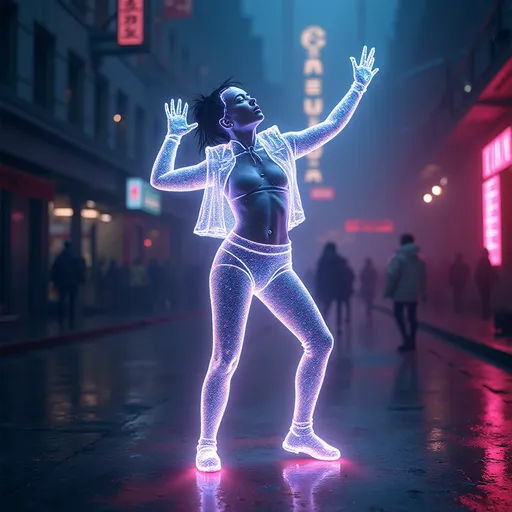 Prompt: (Dancing hologram), action pose, cyberpunk aesthetic, (neon lights) enveloping the scene, soft holographic colors, fragmented image reflections, moody atmosphere, intricate details, modern technology themes, futuristic background, high contrast lighting, (ultra-detailed), evocative, engaging, artistic composition, 4K quality, captivating and immersive visual storytelling.