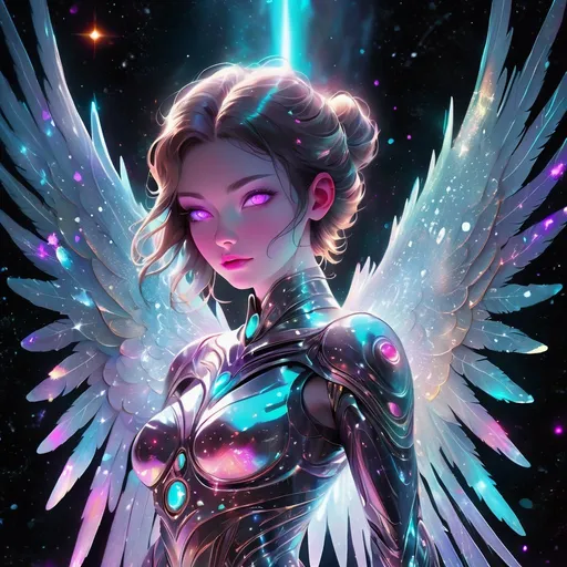 Prompt: Intergalactic snow angel with glowing eyes, digital art, cosmic background, celestial beauty, intricate icy wings, neon, crystalline structures, ethereal glow, vibrant color palette, high quality, space art, futuristic style, cool tones, radiant lighting