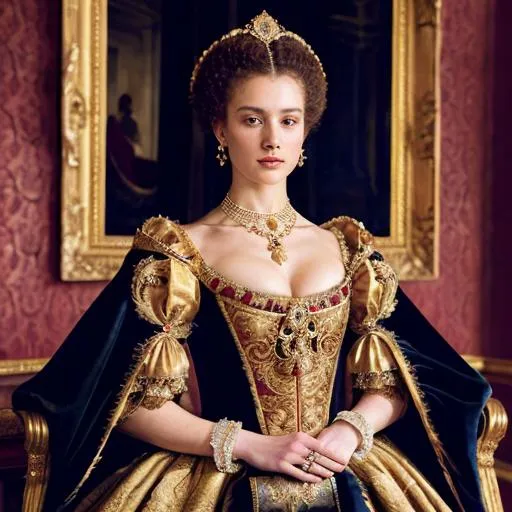 Prompt: Elizabethan-style oil painting of a distinguished woman, rich textures and intricate details, opulent and luxurious attire, impeccable posture and confident expression, dramatic lighting and deep shadows, aristocratic setting with ornate furniture and lavish draperies, masterfully crafted, realistic portrayal, regal atmosphere, high quality, oil painting, fashion model, opulent attire, dramatic lighting, aristocratic setting, regal atmosphere, rich textures