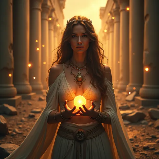 Prompt: (captivating image of Cassandra), (mystical aura), (ancient ruins background), ethereal lighting, warm tones, intricate details, evocative expression, surrounded by glowing orbs, sense of foreboding and wisdom, high detail, ultra-detailed, cinematic quality, enchanting atmosphere, embodying the essence of an oracle, richly textured environment, mythical theme.