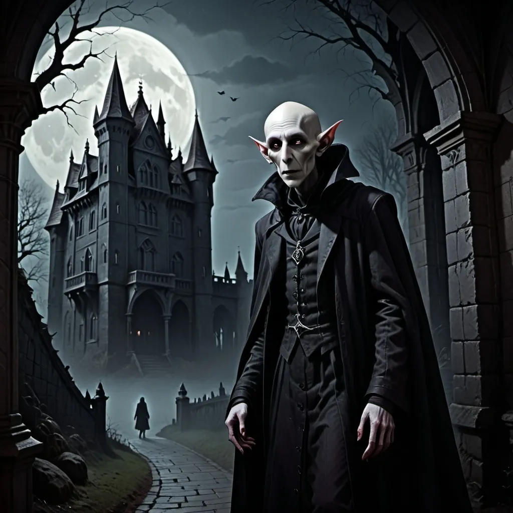 Prompt: (Written in the style of Nosferatu), eerie landscape, (shadowy figure) in a gothic castle, moonlight casting haunting silhouettes, dark contrasts, mysterious ambiance, cold tones, unsettling atmosphere, deep shadows, and foreboding light, cinematic depth, detailed expression of dread, highly detailed, (vintage horror style).