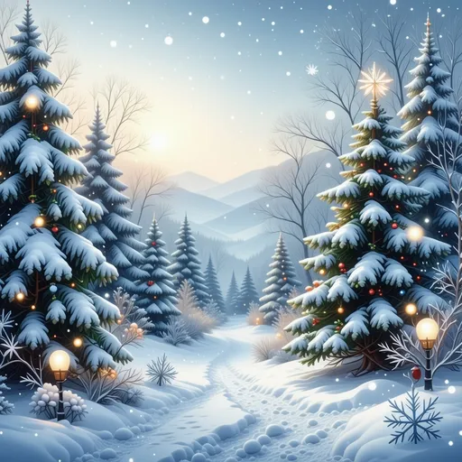 Prompt: (Christmas card design), intricate snowflakes, cozy winter scene with falling snow, a cheerful holiday ambiance, stunning visual elements that convey warmth and joy, ultra-detailed, pleasing composition, high-quality greeting card illustration, inviting atmosphere