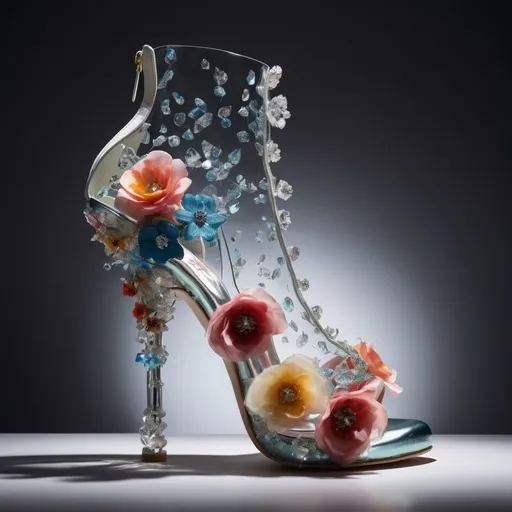 Prompt: Experimental glass shoes, avant-garde, high-concept, cutting edge, unconventional textures and materials, crystals and flowers, professional lighting, high quality photography 
