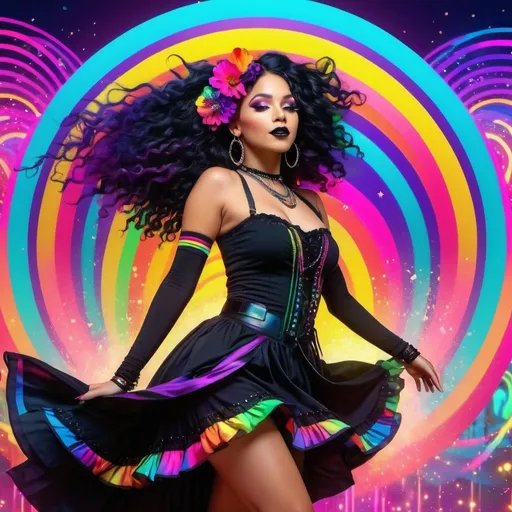 Prompt: (rainbow), (mixed race goth girl), dancing joyfully, vibrant colors splashing around, neon lights illuminating the scene, pulsating music waves, eclectic and energetic atmosphere, unique goth attire with colorful accents, funky accessories glimmering, vibrant background with people wavy silhouettes, (4K), high-quality, ultra-detailed night rave vibes.