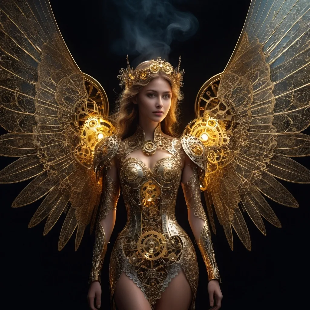 Prompt: (Clockwork angel), intricate mechanical wings, elegant gears intertwined, clockwork clothing, golden patina, ethereal glow, wisps of steam, serene expression, halo of delicate cogs, set against a dark atmospheric background, faint glimmering lights illuminating, mystical, enchanting, highly detailed, fantasy art style, invoking a sense of wonder, 4K, ultra-detailed.