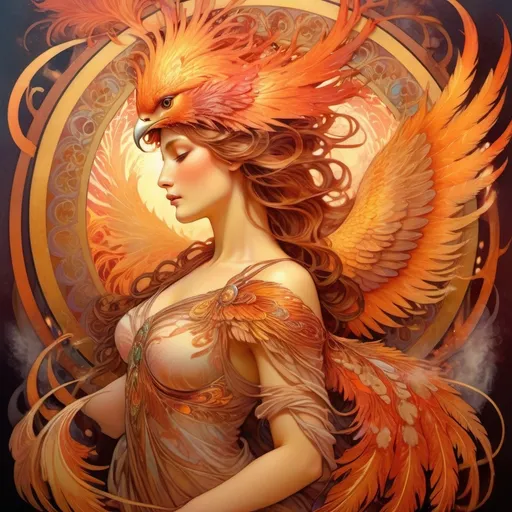 Prompt: (High detailed nature portrait), (majestic phoenix), vibrant fiery colors, intricate feathers blending with glowing embers, ethereal atmosphere enhanced by dramatic lighting, background of swirling flames and smoke creating a dynamic scene, soft golden undertones adding warmth, ultra-detailed, hyper-realistic, photorealistic, capturing the essence of this mythical creature in a breathtaking tableau.