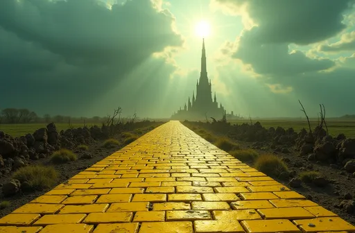 Prompt: (visual metaphor "Goodbye Yellow Brick Road"), (melancholic atmosphere), (surreal landscape), destroyed Emerald City on the horizon, (desaturated colors), weathered yellow bricks lining the desolate road, a dramatic cloudy sky casting haunting shadows over the scene, evoking a sense of nostalgia and loss, ultra-detailed, high-quality composition.