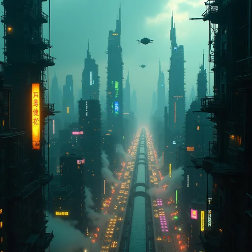 Prompt: (Dystopian futuristic cityscape), sprawling skyline, (yellow, blue, green, purple neon lights), (holographic advertisements), flying cars, (dark, moody atmosphere), (futuristic architecture), rich contrast, shadowy undertones, (4K ultra-detailed), cinematic lighting, atmospheric perspective, vibrant colors amidst darkness, immersive and chilling vibe, intricate details in architecture.