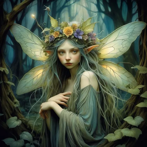 Prompt: (Fairy) Brian Froud style, mystical creatures, enchanting forest backdrop, whimsical atmosphere, vibrant colors, elaborate details, delicate textures, warm and inviting lighting, ethereal vibes, high fantasy elements, nature intertwined with magic, imaginative design, stunning composition, ultra-detailed, magical realism, captivating visuals.