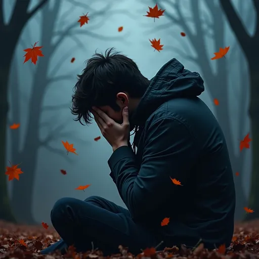 Prompt: (Heartbreak), deep emotional sorrow, dark moody palette, cool tones of blue and grey, poignant atmosphere, soft lighting, blurred background depicting desolation, intricate details illustrating pain, ultra-detailed, high quality, conveying loneliness and despair, stark contrasts to emphasize emotional depth, surrounded by falling autumn leaves symbolizing loss.