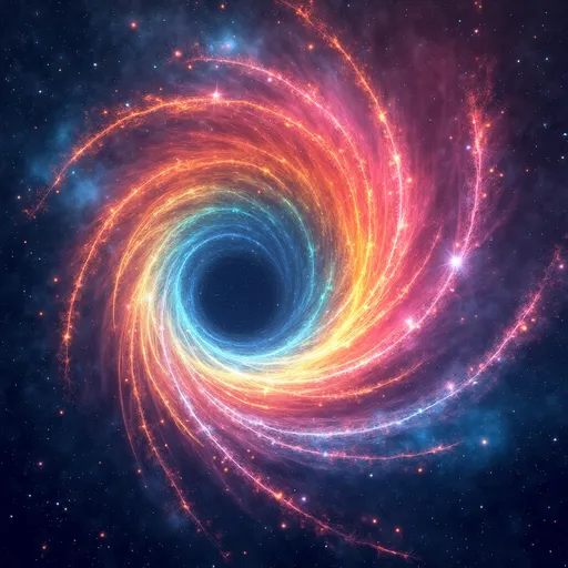 Prompt: (Rainbow wormhole), a swirling tunnel of vibrant colors, dynamic hues blending in mesmerizing patterns, cosmic energy emanating, set against a dark starry space background, luminous stars and galaxies scattered, high depth, ultra-detailed, ethereal atmosphere infused with wonder and curiosity, visually captivating, a portal to new dimensions, breathtaking visuals, 4K quality.