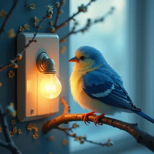 Prompt: (idyllic blue canary), perched near a light switch, glowing warmly, (birdhouse), soft gentle lighting, cozy ambiance, vibrant colors, serene atmosphere, detailed feathers shimmering, safe haven motif, enchanting background with a soft pastel palette, high quality, ultra-detailed nature illustration