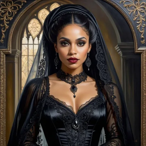 Prompt: Full length, Front facing painting of a mixed race gothic woman in a black veil , oil painting, elegant and mysterious aura, flowing dress with intricate lace details, intricate hair style, haunting eyes with deep shadows, high quality, gothic, dramatic lighting, rich and deep colors