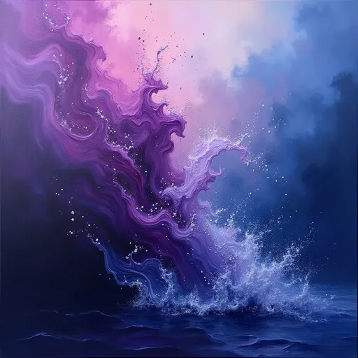 Prompt: (purple rain), (abstract expressionism), dynamic swirling shapes, vibrant shades of purple, deep blues, textures of flowing water and canvas art, expressive brushstrokes, emotional and intense atmosphere, layered hues blending, bold contrasts, dreamlike ambiance, a sense of movement, high quality, ultra-detailed, capturing the essence of liberation and nostalgia.