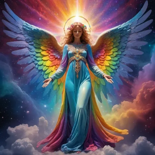 Prompt: (Cosmic, psychedelic rainbow angel), vibrant colors, swirling patterns, ethereal atmosphere, glowing radiance, intricate details of wings and halo, dreamlike background of nebulae and stars, otherworldly glow, transcendent vibe, surreal elements, ultra-detailed, stunning visual depth, mystical aura, celestial wonder, vivid imagery blending fantasy and spirituality, high-quality, captivating composition.