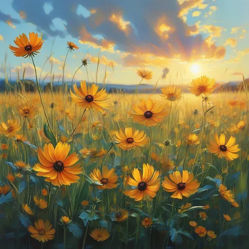 Prompt: Field of (bright, vibrant) Heliopsis flowers, (sunlit) meadow, golden-yellow petals dancing in the wind, lush green foliage surrounding, (warm, cheerful) atmosphere, soft blue sky above, subtle sunlight casting gentle shadows, (ultra-detailed), expansive landscape stretching into the horizon, (dynamic) nature scene, inviting and serene ambiance.