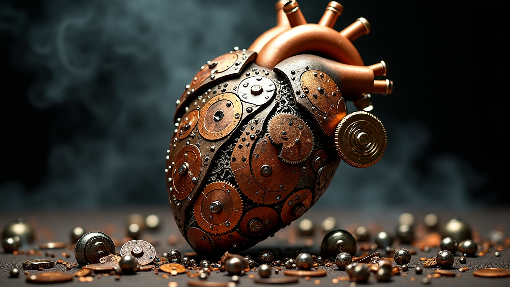 Prompt: (Steam punk clockwork heart), intricately designed with exposed gears and cogs, shattered pieces scattered around, (dramatic lighting) highlighting the metallic textures, (warm bronze and deep copper tones), set against a dark, shadowy background, (moody atmosphere) evoking feelings of loss and nostalgia, surrounded by faint hints of steam, (highly detailed), (4K), (surreal art style).