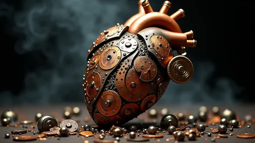 Prompt: (Steam punk clockwork heart), intricately designed with exposed gears and cogs, shattered pieces scattered around, (dramatic lighting) highlighting the metallic textures, (warm bronze and deep copper tones), set against a dark, shadowy background, (moody atmosphere) evoking feelings of loss and nostalgia, surrounded by faint hints of steam, (highly detailed), (4K), (surreal art style).