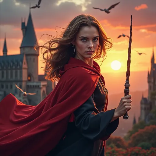 Prompt: (Gryffindor witch), vibrant colors, warm lighting, (courageous pose), wearing classic Gryffindor robes, detailed wand in hand, intense expression showcasing determination and bravery, background of Hogwarts castle at sunset, magical ambiance, birds flying in the foreground, (highly detailed), ultra-realistic style, enchanting atmosphere, whimsical feel, captivating and immersive.