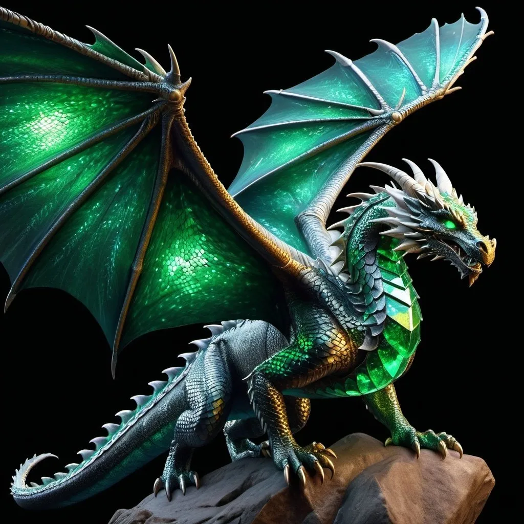 Prompt: Full size dragon with emerald crystalline scales, realistic 3D rendering, majestic and powerful pose, intricate details, high quality, fantasy, jewel tones, detailed scales, glowing eyes, large wingspan, ethereal atmosphere, mystical lighting