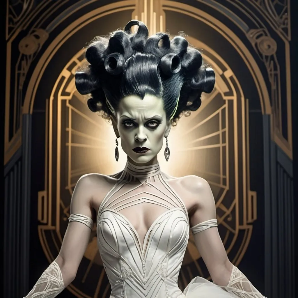 Prompt: Bride of Frankenstein in art deco style, dynamic pose, elegant and intricate designs, lightening, cinematic 