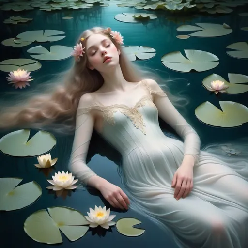 Prompt: Ophelia, surreal beauty, (ethereal atmosphere), surrounded by lush water lilies, gentle waves shimmering with moonlight, vibrant flowers in (soft pastel colors), ethereal glow enhancing her delicate features, flowing garments cascading into the water, melancholic yet serene ambiance, (ultra-detailed) and atmospheric, evoking classical artistic essence.