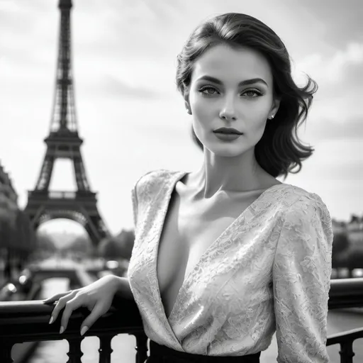 Prompt: Professional photography of a woman in Paris, high-end fashion, soft natural lighting, elegant pose, black and white, high resolution, detailed features, Parisian chic, vintage glamour, stylish couture, iconic location, classic beauty