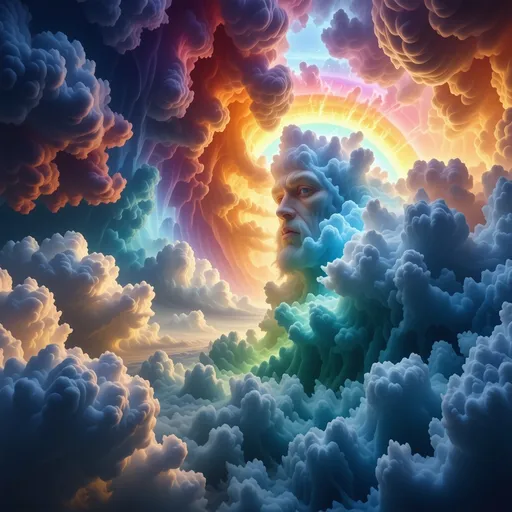 Prompt: Primordial rainbow titan, colossal and awe-inspiring, ethereal colors blend seamlessly in a vibrant spectrum, shimmering against a backdrop of swirling clouds and mystical landscapes, dramatic lighting accentuates the features, high depth, ultra-detailed, fantasy realm, fantastical ambiance of ancient power, dreamlike energy radiating from the titan's form, evocative and majestic scene.